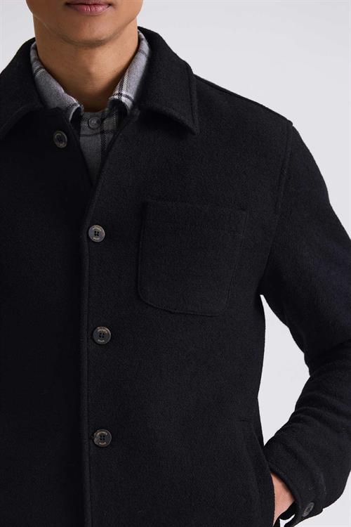 Siyah Slim Fit Berberi Yaka Yünlü Kaşe Kaban
