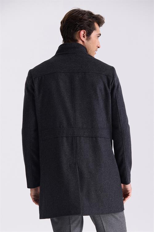 Füme Slim Fit Dik Yaka Balık Sırtı Desenli Yünlü Spor Kaban