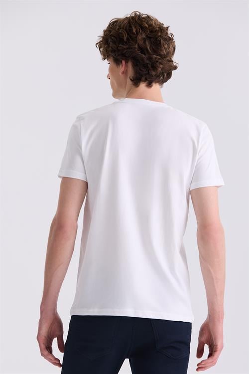 Beyaz Slim Fit Baskılı Bisiklet  Yaka T-Shirt