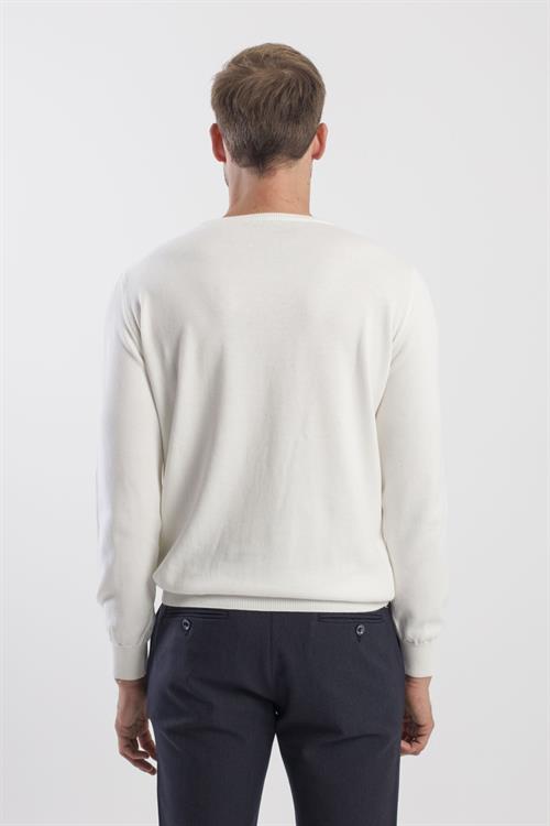 Ekru Slim Fit Bisiklet Yaka Triko Kazak