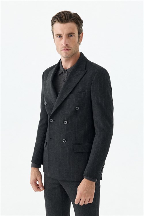 Antrasit Slim Fit Dik Yaka Kruvaze Ceket