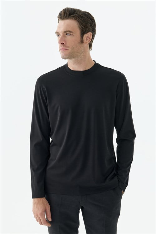 Siyah Comfort Fit Rayon Karışımlı Bisiklet Yaka Sweatshirt
