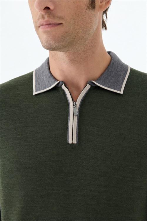 Yeşil Slim Fit Polo Yaka Fermuarlı Triko Kazak