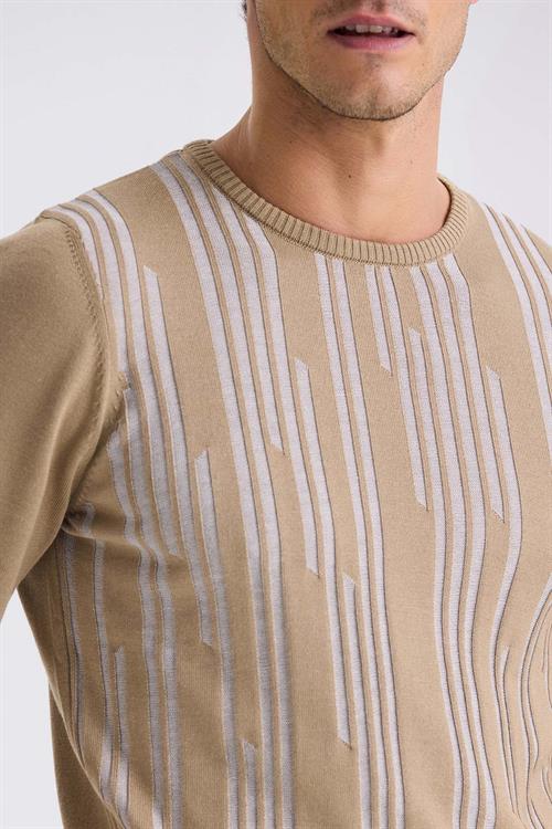 Bej Slim Fit Bisiklet Yaka Desenli Triko Kazak