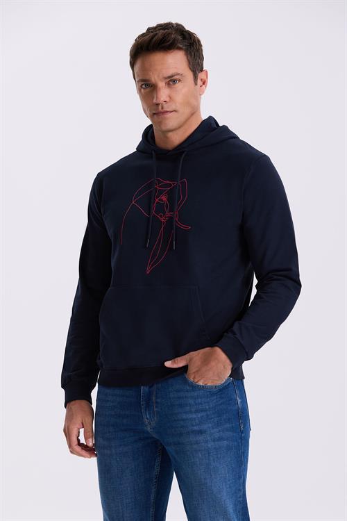 Lacivert Slim Fit Kapüşonlu Baskılı %100 Pamuk Sweatshirt