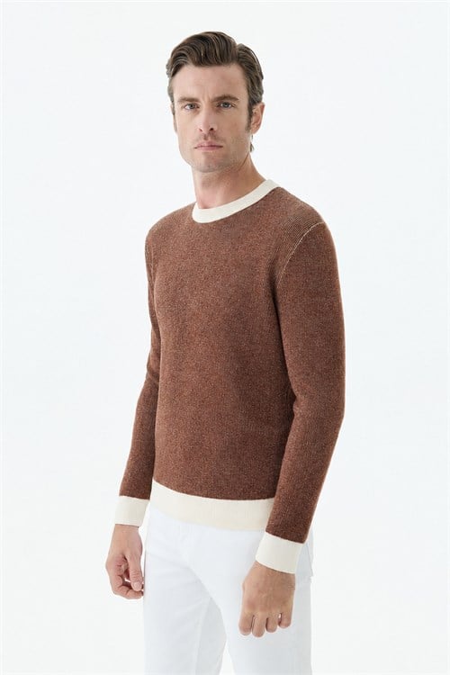 Kahve Comfort Fit Desenli Bisiklet Yaka Triko