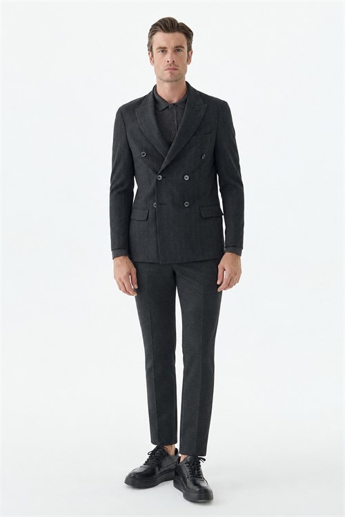 Antrasit Slim Fit Dik Yaka Kruvaze Ceket