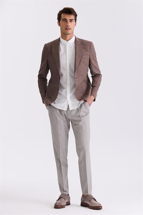 Kahve Slim Fit Mono Yaka Keten Spor Ceket
