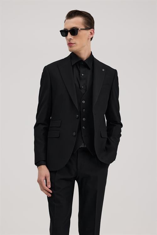 Siyah Slim Fit Kırlangıç Yaka Yelekli Takım Elbise