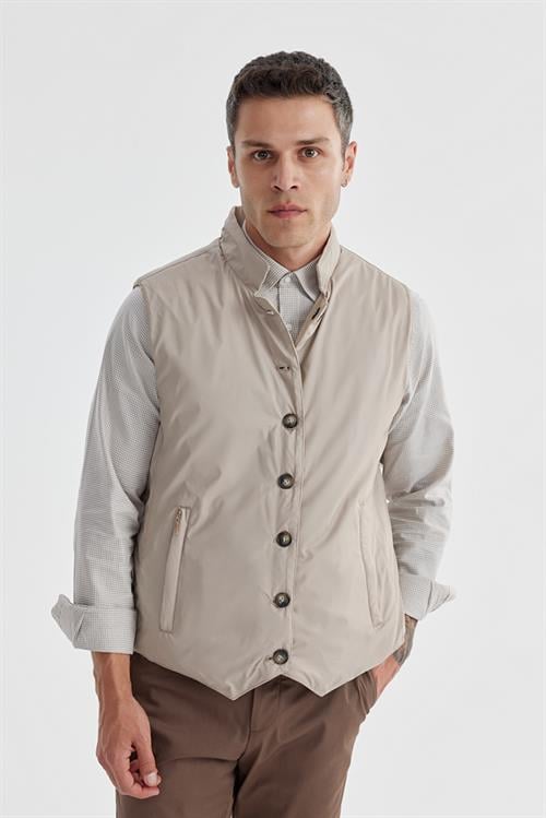 Bej Hakim Yaka Çift Taraflı Slim Fit Yelek