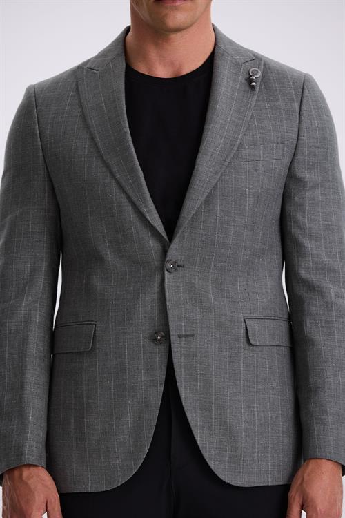 Gri Slim Fit Kırlangıç Yaka Çizgili Keten Pamuk Mevsimlik Ceket