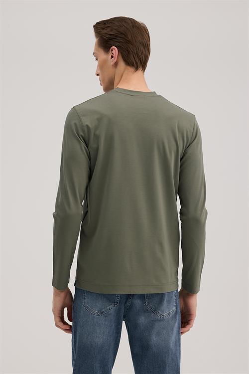 Haki Slim Fit Bisiklet Yaka Rayon Uzun Kollu Basic T-Shirt