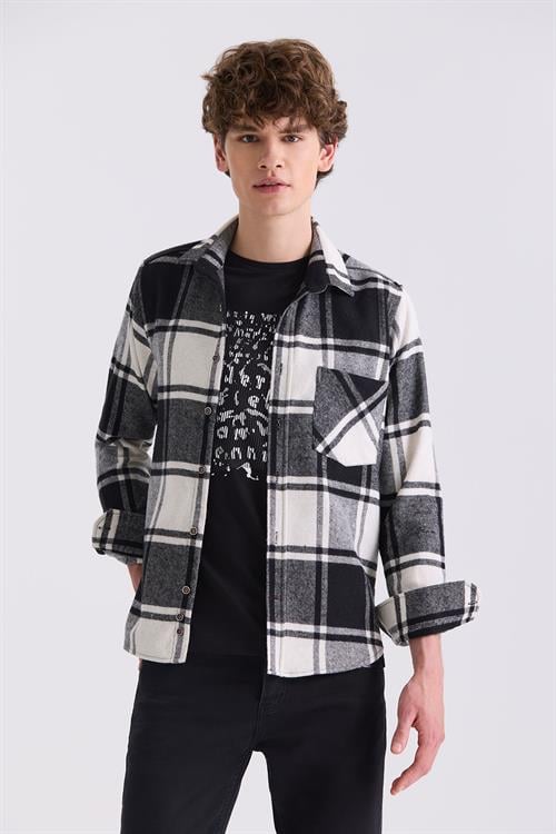 Siyah Slim Fit Ekose Desenli Pamuklu Cepli Oduncu Gömlek