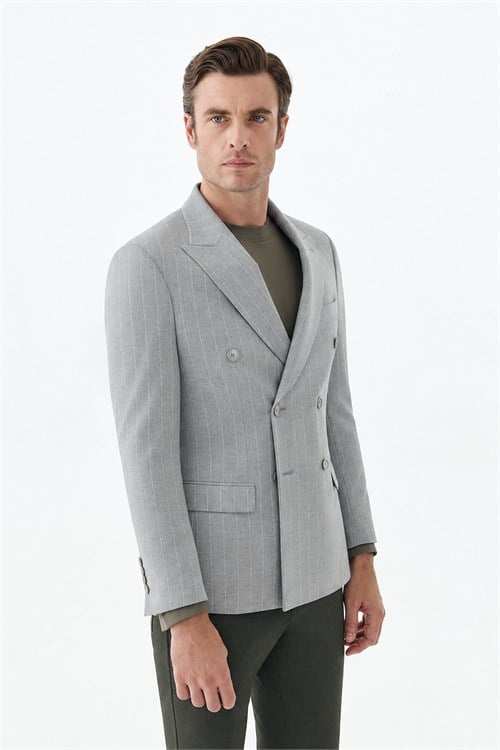 Gri Slim Fit Dik Yaka Kruvaze Ceket