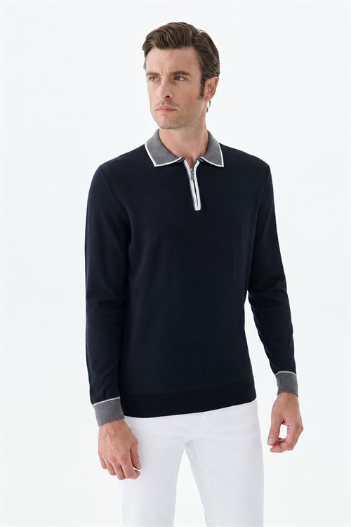 Lacivert Slim Fit Polo Yaka Fermuarlı Triko Kazak