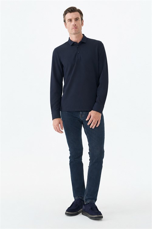 Lacivert Comfort Fit Polo Yaka Sweatshirt