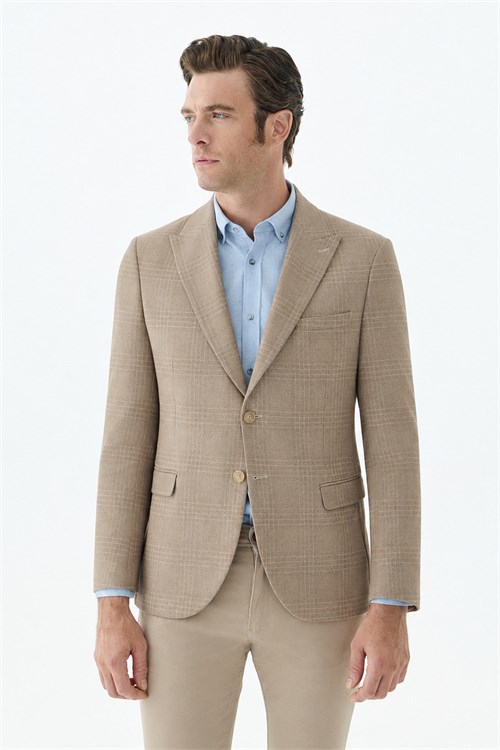 Bej Slim Fit Ceket Sivri Yaka Ekoseli Ceket