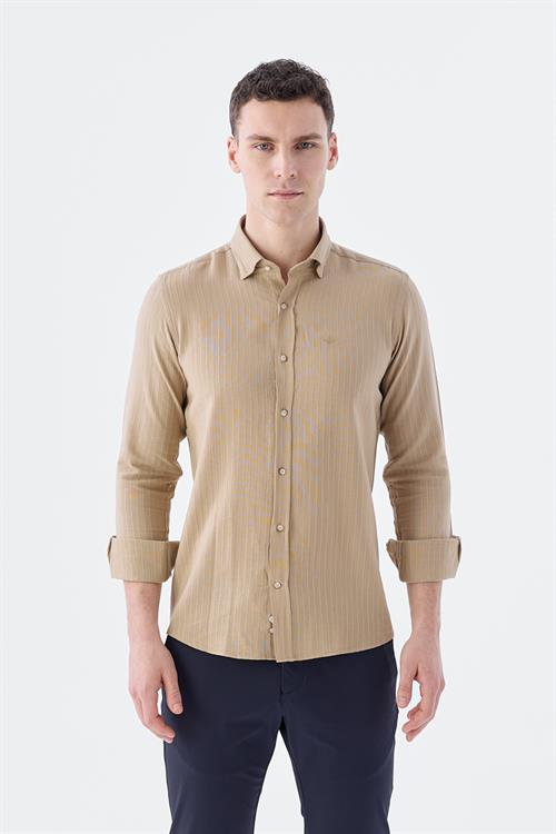 Rahat Kalıp - Comfort Fit Serili Gömlek-Jakamen  Yaka Alttan Düğmeli  Serili