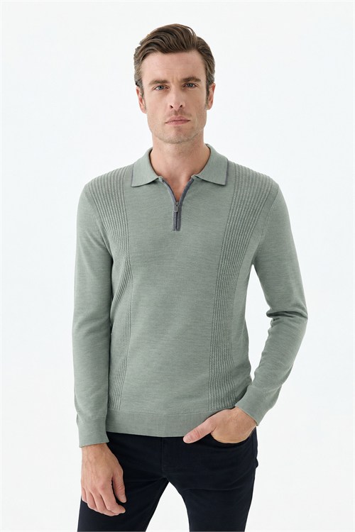 Yeşil Comfort Fit Merinos Yünlü Fermuarlı Polo Yaka Triko