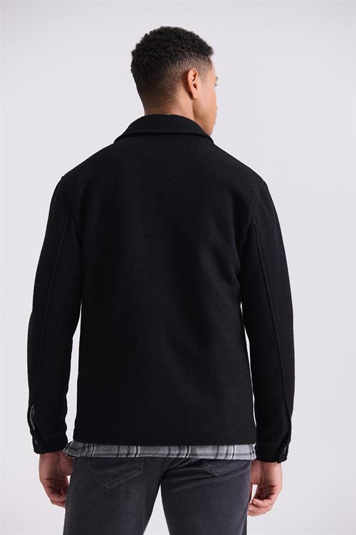 Siyah Slim Fit Berberi Yaka Yünlü Kaşe Kaban