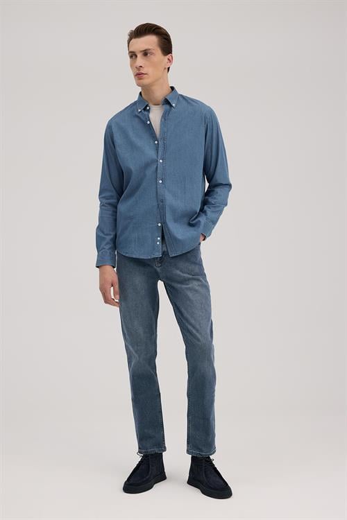 Lacivert Comfort Fit %100 Pamuk Denim Gömlek