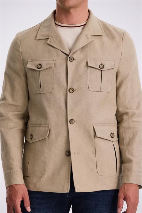 Bej Slim Fit Cepli Keten Pamuk Mevsimlik Safari Ceket 