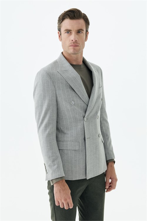 Gri Slim Fit Dik Yaka Kruvaze Ceket