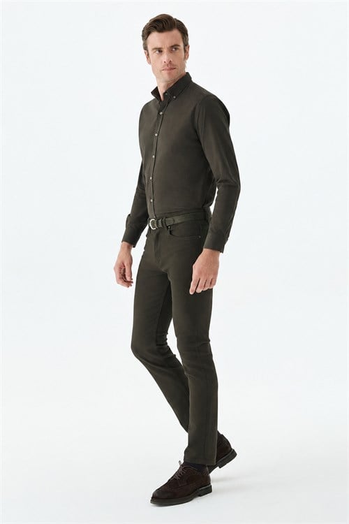 Kahve Comfort Fit %100 Pamuk Kadife Gömlek