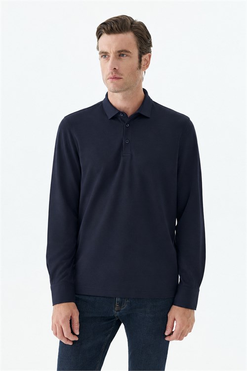 Lacivert Comfort Fit Polo Yaka Sweatshirt