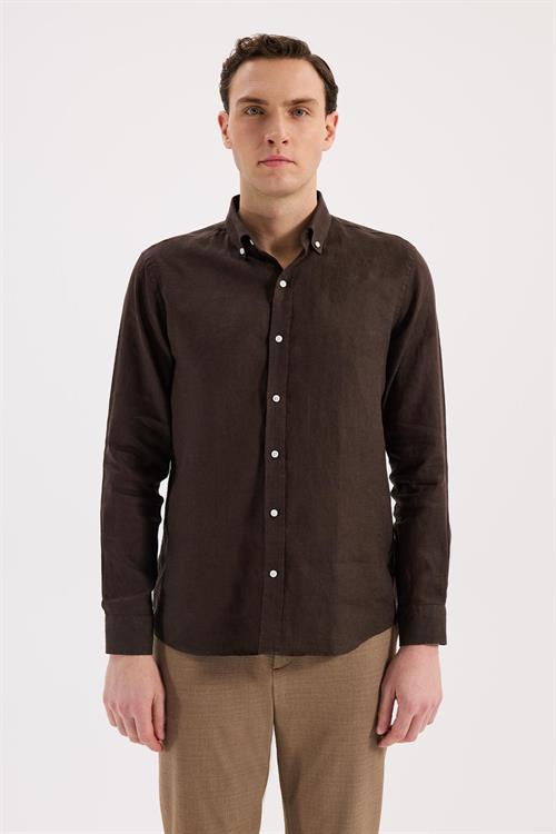 Kahve Rahat Kalıp - Comfort Fit Gömlek Klasik Yaka