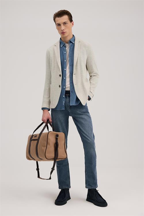 Gri Dar Kalıp - Slim Fit Ceket Mono Yaka