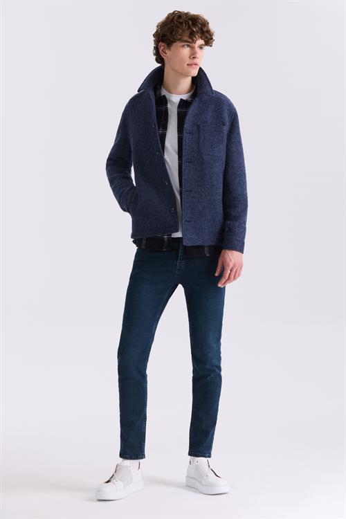 Lacivert Slim Fit Berberi Yaka Yünlü Kaşe Kaban