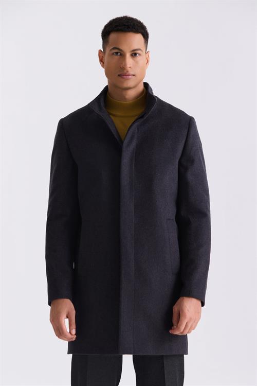 Koyu Lacivert1 Slim Fit Dik Yaka Balık Sırtı Desenli Yünlü Spor Kaban