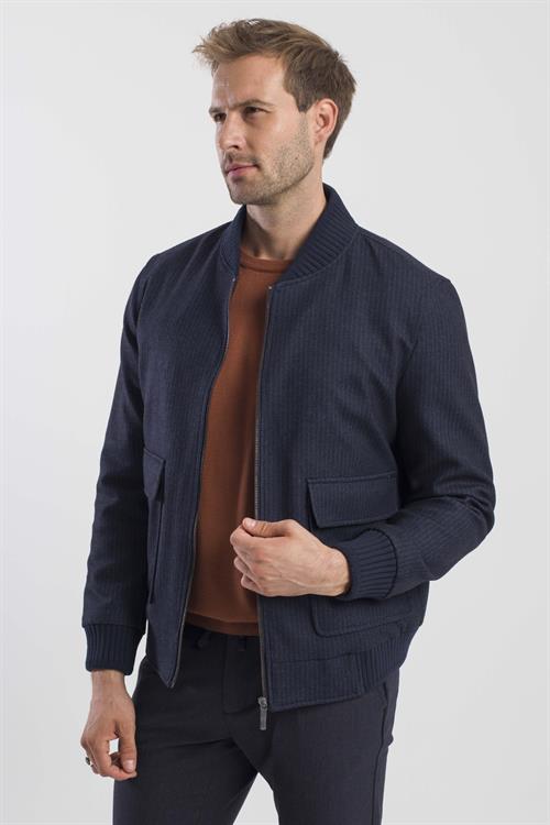 Lacivert Comfort Fit Kolej Yaka Çizgili Mont