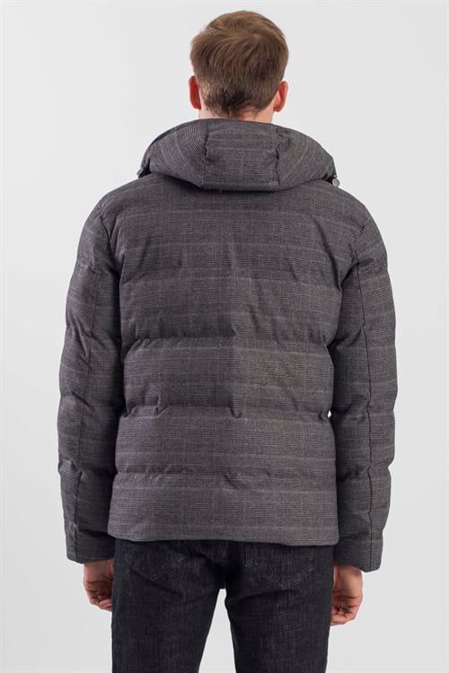 Antrasit Comfort Fit Ekose Kareli Kapüşonlu Mont