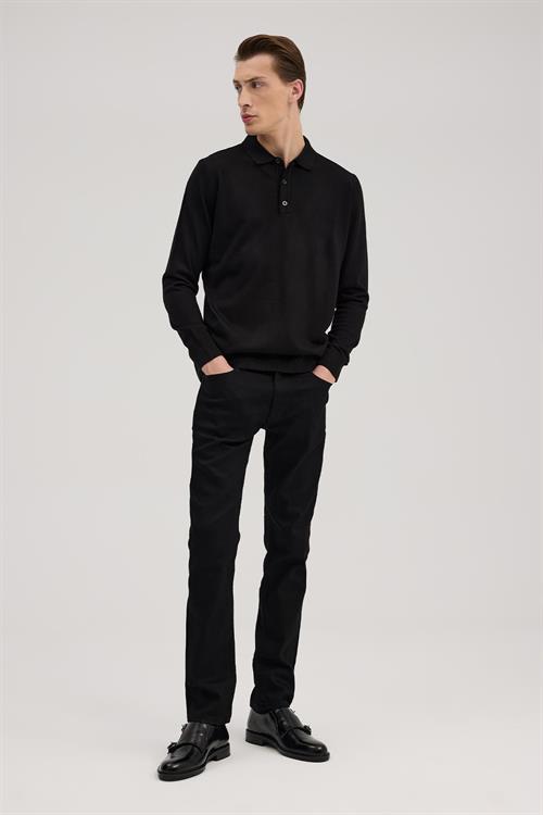 Siyah Comfort Fit Polo Yaka Yünlü Triko