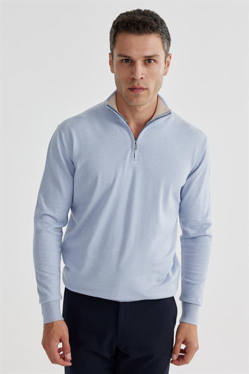 Açık Mavi Slim Fit Fermuarlı Dik Yaka Triko Kazak