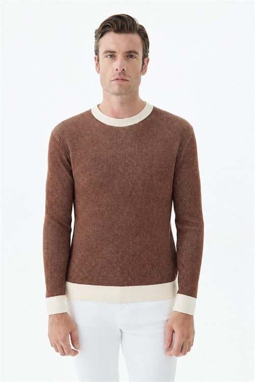 Kahve Comfort Fit Desenli Bisiklet Yaka Triko