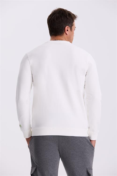 Ekru Slim Fit Baskılı Bisiklet Yaka Dar Kesim Baskılı %100 Pamuk Sweatshirt