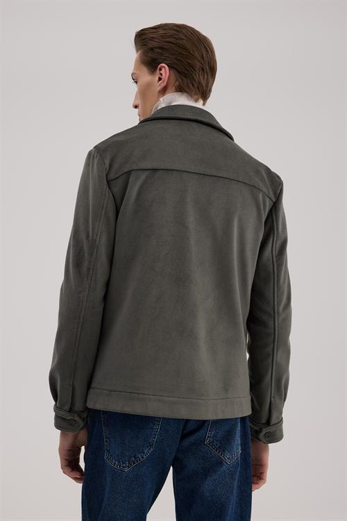 Haki Comfort Fit Klasik Yaka Kadife Mont