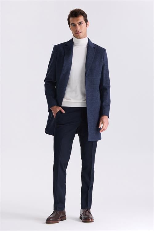 Lacivert Comfort Fit Mono Yaka Desenli Kareli Kaşe Kaban