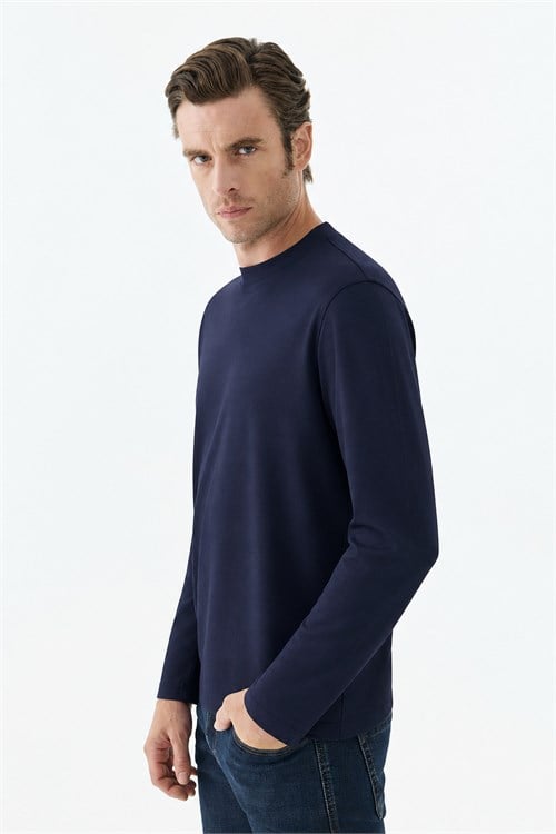 Lacivert Comfort Fit Rayon Karışımlı Bisiklet Yaka Sweatshirt