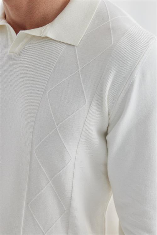 Ekru Slim Fit Yün Kaşmir Karışımlı Desenli Polo Yaka Triko