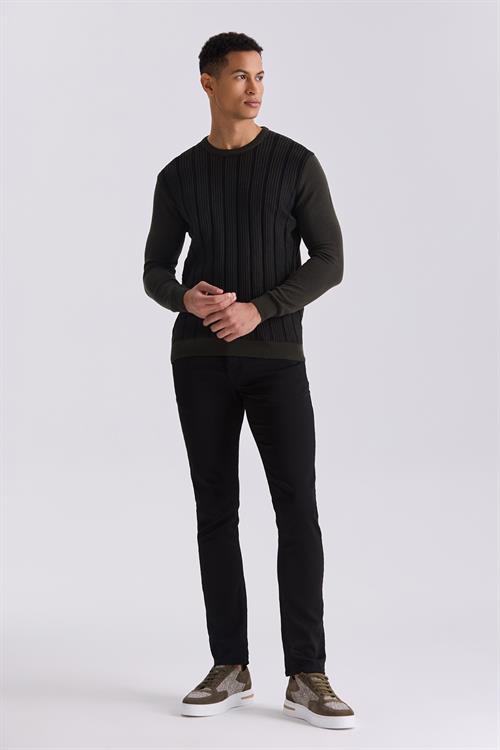 Haki Slim Fit Bisiklet Yaka Çizgi Desenli Triko Kazak