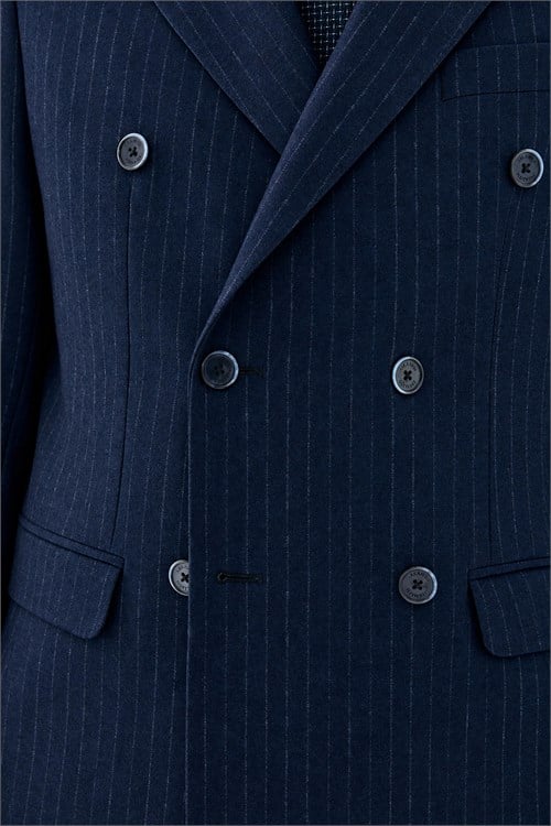 Lacivert Slim Fit Dik Yaka Çizgili Kruvaze Ceket