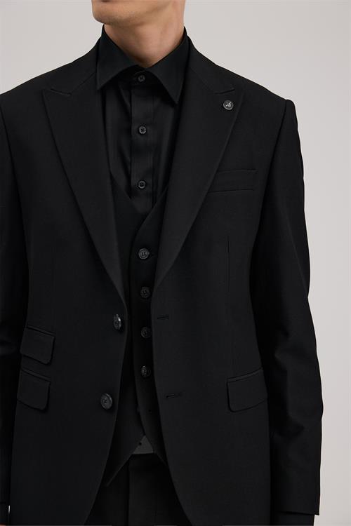 Siyah Slim Fit Kırlangıç Yaka Yelekli Takım Elbise
