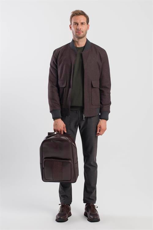 Kahve Comfort Fit Kolej Yaka Çizgili Mont