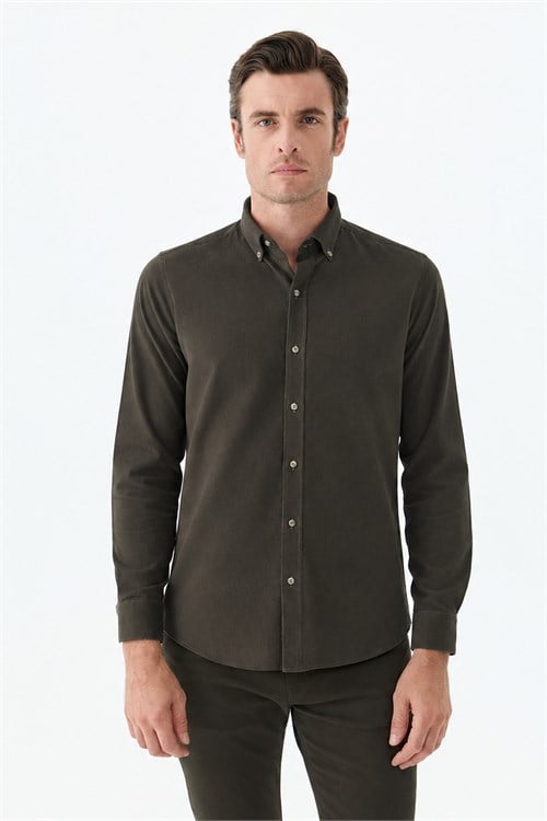 Kahve Comfort Fit %100 Pamuk Kadife Gömlek