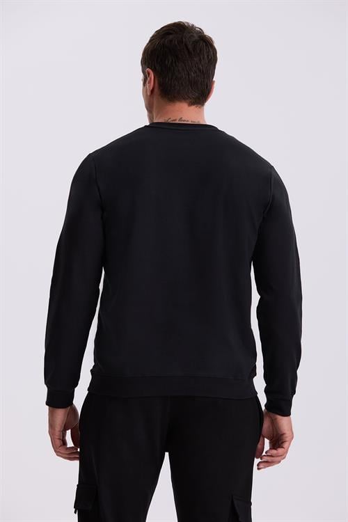 Siyah Slim Fit Baskılı Bisiklet Yaka %100 Pamuk SweatShirt