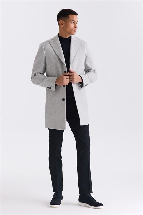 Gri Comfort Fit Sivri Yaka Balık Sırtı Desenli Yünlü Kaşe Kaban